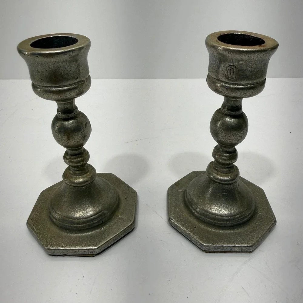 Vintage Metal Candlestick Holders Pair Octagonal Base Pewter Tone Rustic Decor